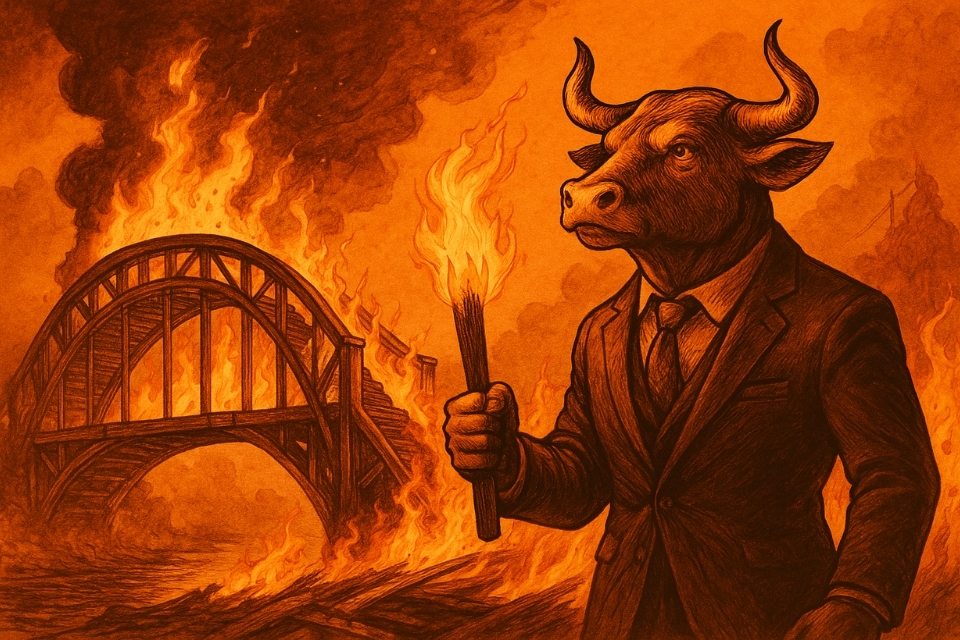 Bull in suit setting a bridge on fire with a torch