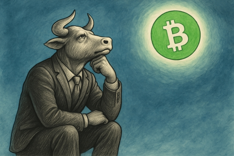 Contemplative bull in a suit gazing at a glowing green Bitcoin Cash symbol in the sky
